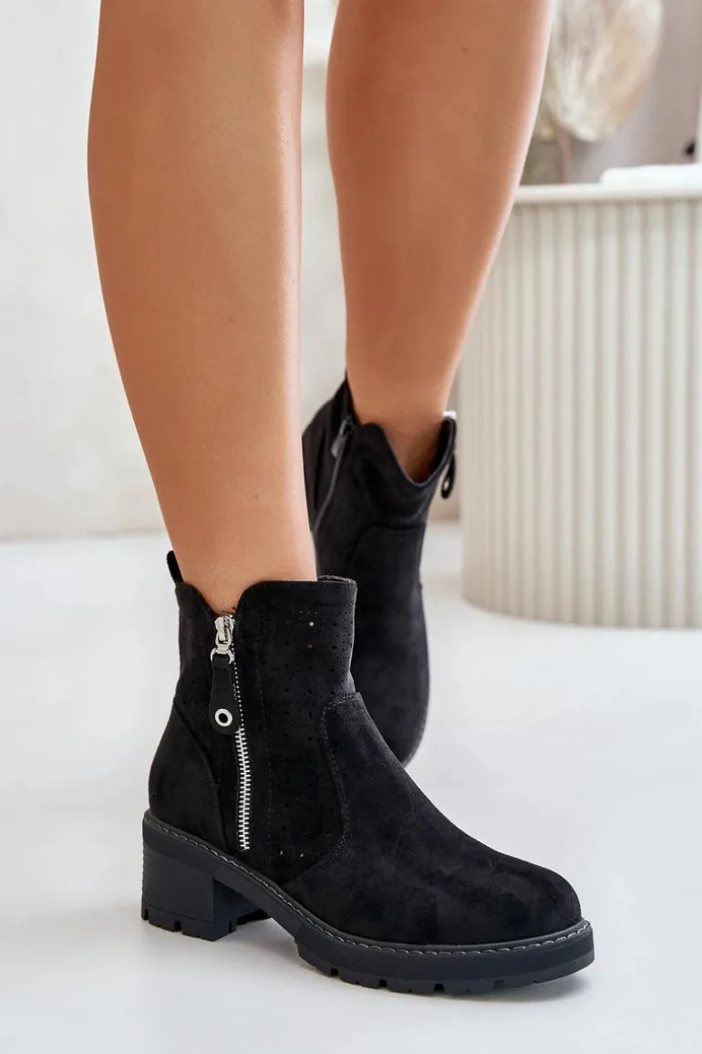 Botki Damskie Z Ażurowym Wzorem Na Obcasie Czarne Oviria