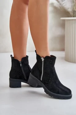 Botki Damskie Z Ażurowym Wzorem Na Obcasie Czarne Oviria