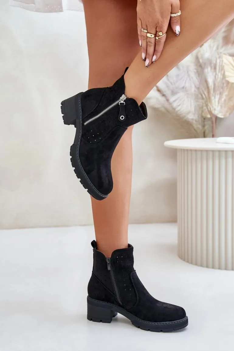 Botki Damskie Z Ażurowym Wzorem Na Obcasie Czarne Oviria