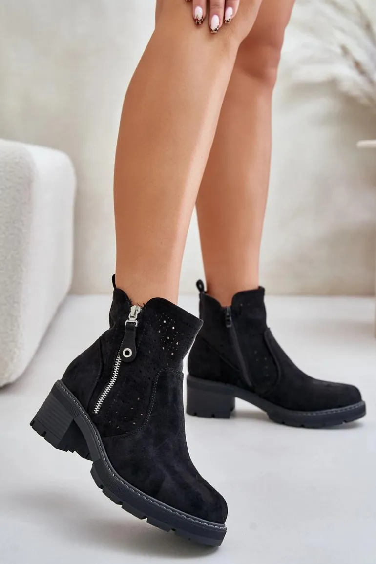 Botki Damskie Z Ażurowym Wzorem Na Obcasie Czarne Oviria