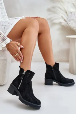 Botki Damskie Z Ażurowym Wzorem Na Obcasie Czarne Oviria