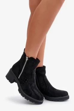 Botki Damskie Z Ażurowym Wzorem Na Obcasie Czarne Oviria