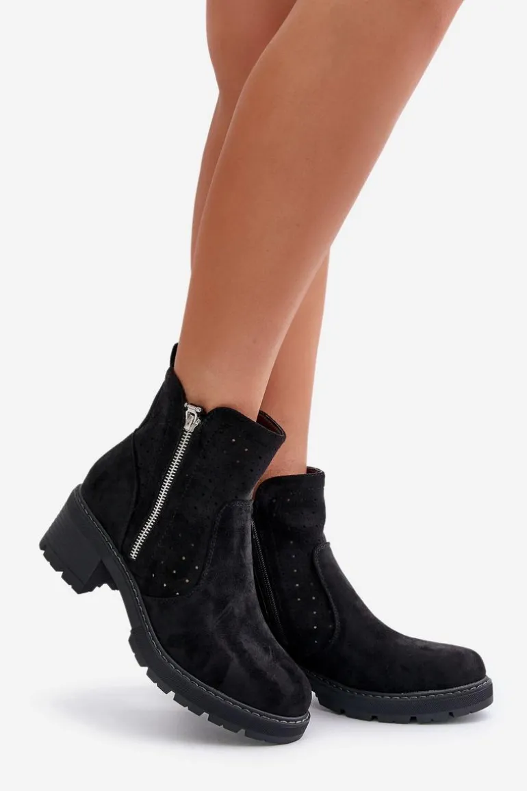 Botki Damskie Z Ażurowym Wzorem Na Obcasie Czarne Oviria