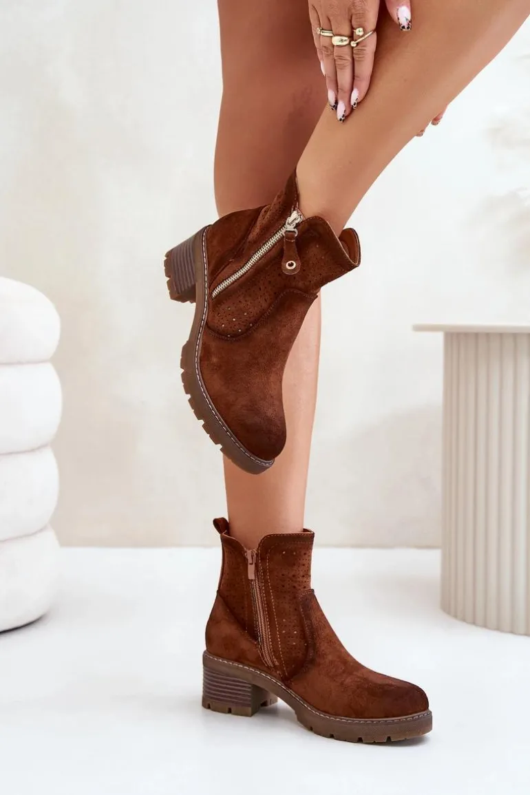 Botki Damskie Z Ażurowym Wzorem Na Obcasie Brązowe Oviria