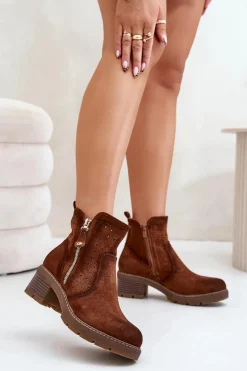 Botki Damskie Z Ażurowym Wzorem Na Obcasie Brązowe Oviria