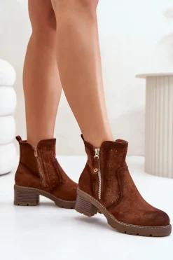 Botki Damskie Z Ażurowym Wzorem Na Obcasie Brązowe Oviria