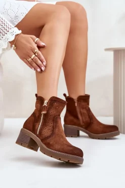 Botki Damskie Z Ażurowym Wzorem Na Obcasie Brązowe Oviria