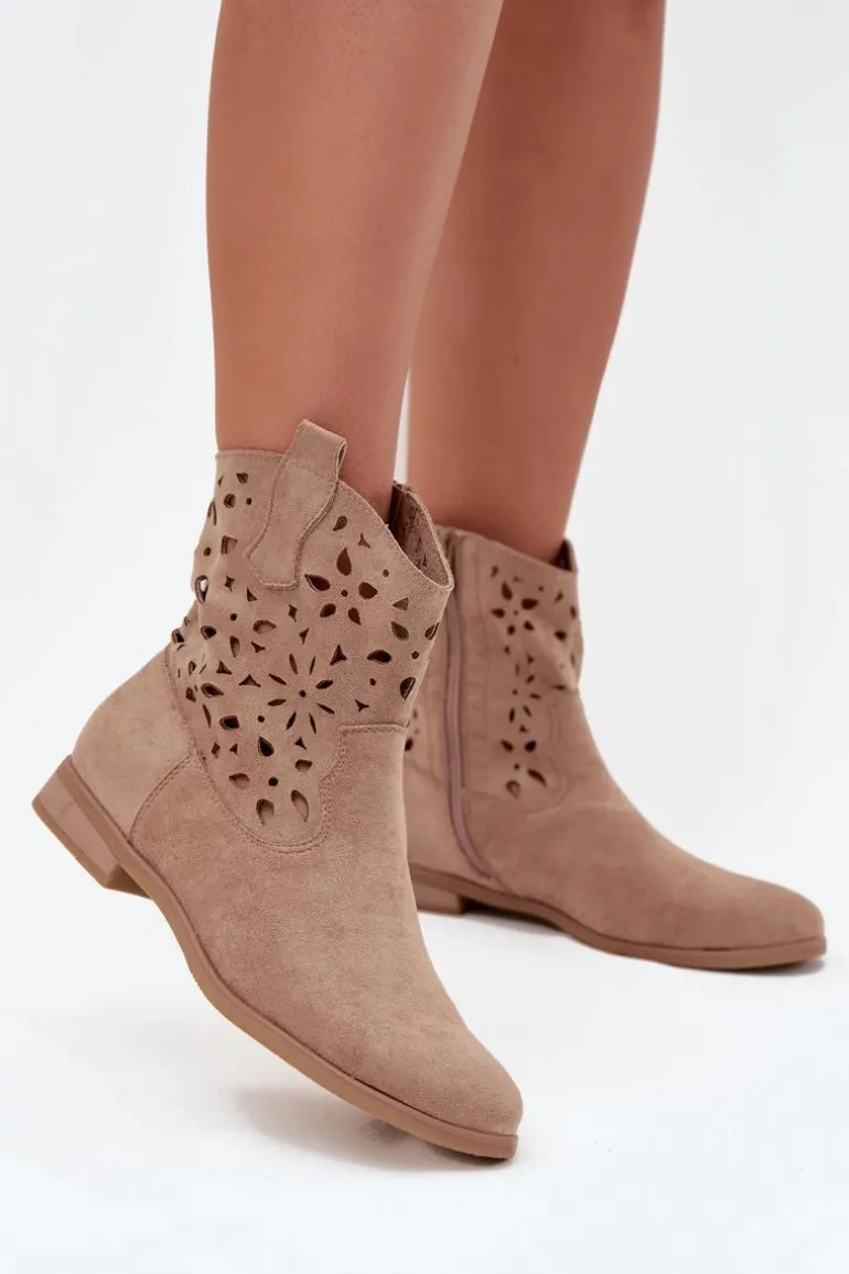 Botki Damskie Z Ażurowym Wzorem Na Płaskim Obcasie Eko Zamszowe Beżowe Athera