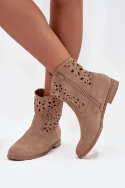Botki Damskie Z Ażurowym Wzorem Na Płaskim Obcasie Eko Zamszowe Beżowe Athera