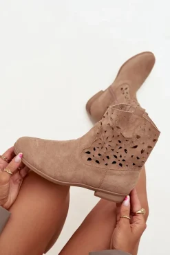 Botki Damskie Z Ażurowym Wzorem Na Płaskim Obcasie Eko Zamszowe Beżowe Athera