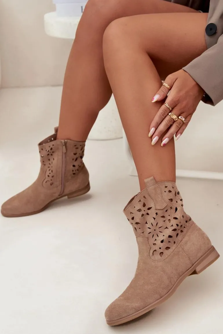 Botki Damskie Z Ażurowym Wzorem Na Płaskim Obcasie Eko Zamszowe Beżowe Athera
