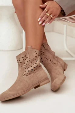 Botki Damskie Z Ażurowym Wzorem Na Płaskim Obcasie Eko Zamszowe Beżowe Athera