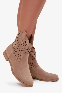 Botki Damskie Z Ażurowym Wzorem Na Płaskim Obcasie Eko Zamszowe Beżowe Athera