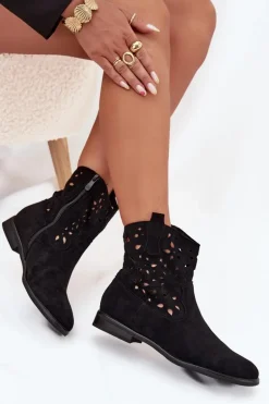 Botki Damskie Z Ażurowym Wzorem Na Płaskim Obcasie Eko Zamszowe Czarne Athera
