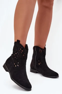 Botki Damskie Z Ażurowym Wzorem Na Płaskim Obcasie Eko Zamszowe Czarne Athera