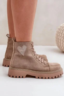 Botki Damskie Z Brokatowym Sercem Ciemnobeżowe Nariri