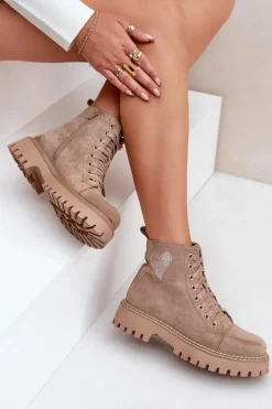 Botki Damskie Z Brokatowym Sercem Ciemnobeżowe Nariri