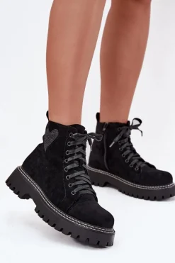 Botki Damskie Z Brokatowym Sercem Czarne Nariri