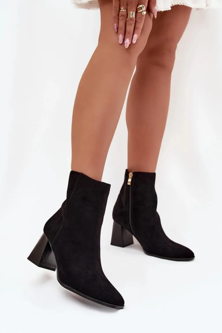 Botki Damskie Z Eko Zamszu Na Słupku Zamek Czarne Zelita