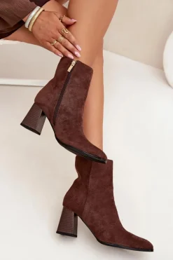 Botki Damskie Z Eko Zamszu Na Słupku Zamek Brązowe Zelita