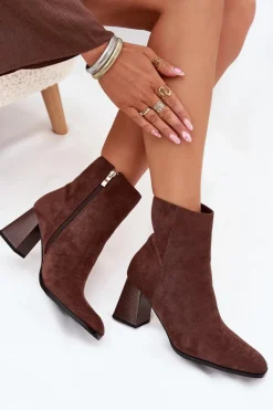 Botki Damskie Z Eko Zamszu Na Słupku Zamek Brązowe Zelita