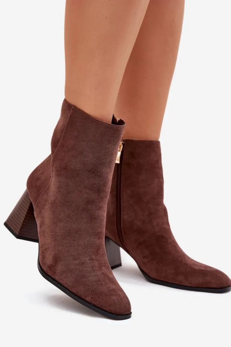 Botki Damskie Z Eko Zamszu Na Słupku Zamek Brązowe Zelita
