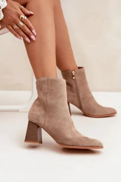 Botki Damskie Z Eko Zamszu Na Słupku Zamek Beżowe Zelita