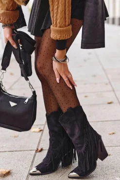 Botki Damskie Z Frędzlami Zamszowe Kowbojki Czarne Jessica