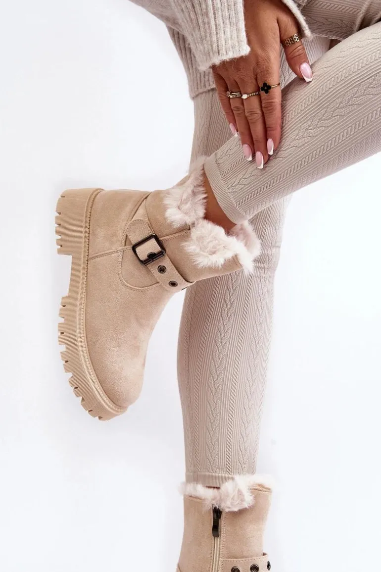 Botki Damskie Z Futerkiem Na Suwak Beżowe Morcos