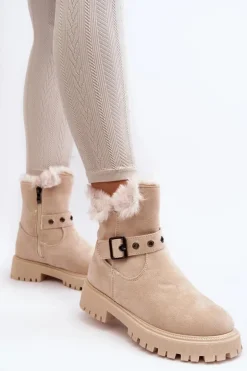 Botki Damskie Z Futerkiem Na Suwak Beżowe Morcos