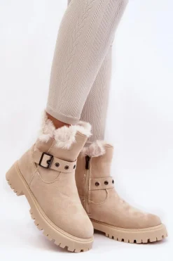 Botki Damskie Z Futerkiem Na Suwak Beżowe Morcos