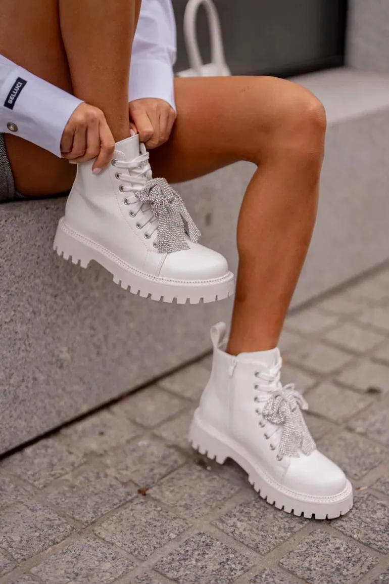 Botki Damskie Z Kokardą Białe Ocenttia