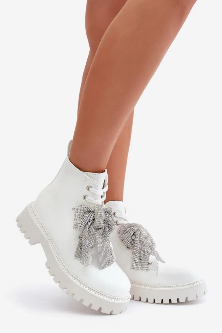 Botki Damskie Z Kokardą Białe Ocenttia