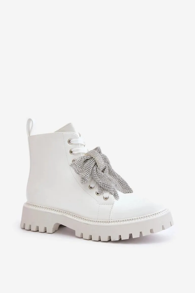 Botki Damskie Z Kokardą Białe Ocenttia