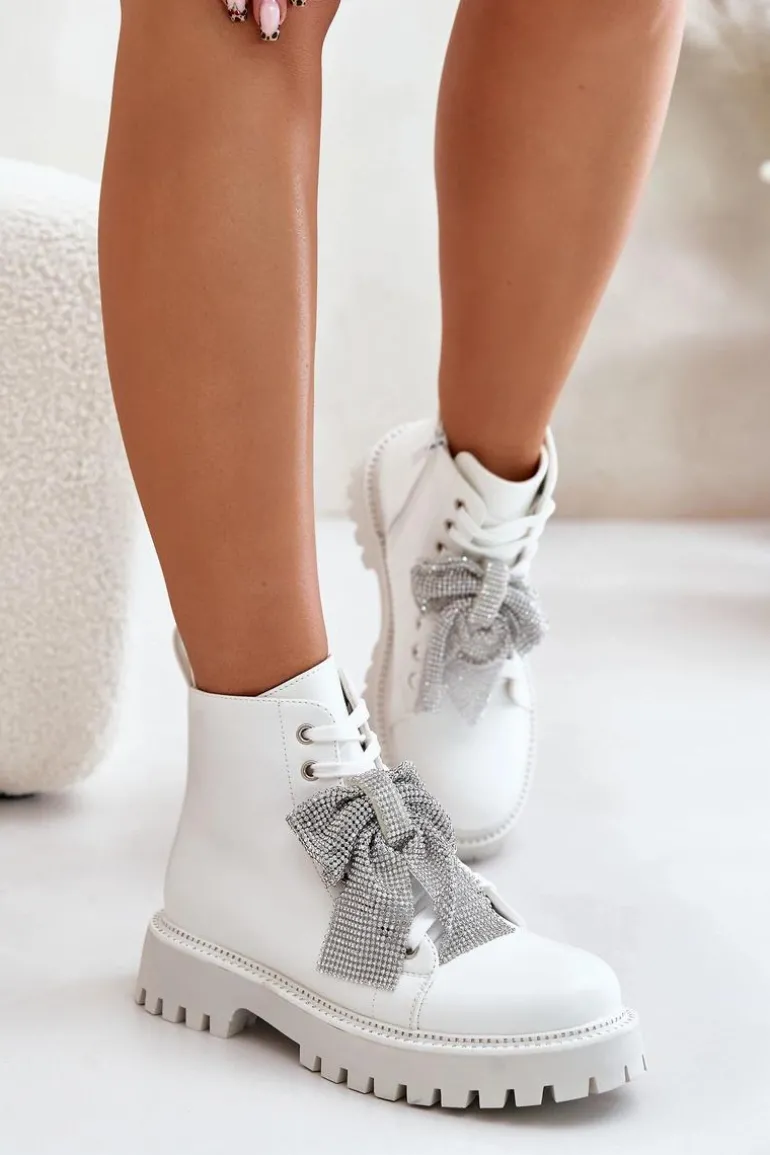 Botki Damskie Z Kokardą Białe Ocenttia