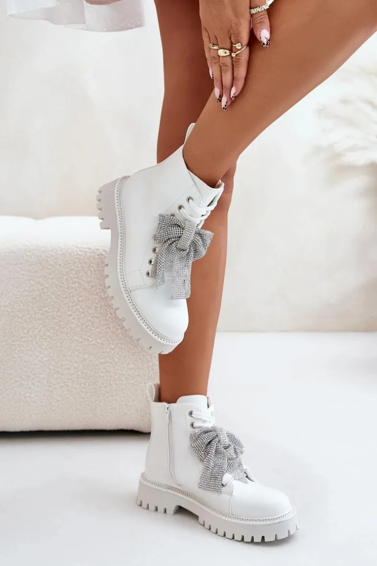 Botki Damskie Z Kokardą Białe Ocenttia