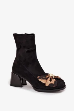 Botki Damskie Z Kokardą Na Klocku D&A JC52-827 Czarne