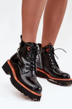 Botki Damskie Z Lakierowanej Skóry Naturalnej Ocieplane Artiker 57C0061 Czarne