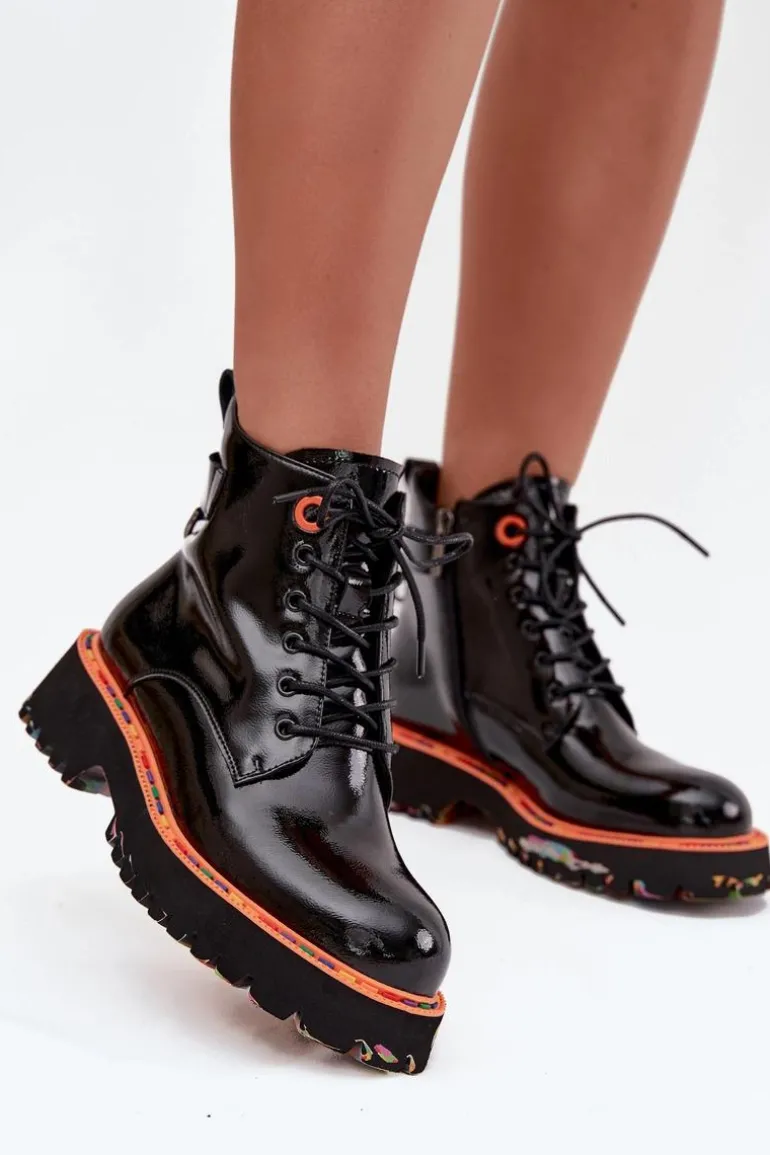 Botki Damskie Z Lakierowanej Skóry Naturalnej Ocieplane Artiker 57C0061 Czarne