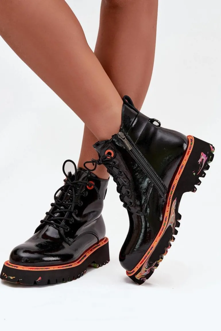 Botki Damskie Z Lakierowanej Skóry Naturalnej Ocieplane Artiker 57C0061 Czarne