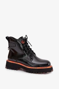 Botki Damskie Z Lakierowanej Skóry Naturalnej Ocieplane Artiker 57C0061 Czarne