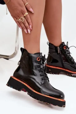 Botki Damskie Z Lakierowanej Skóry Naturalnej Ocieplane Artiker 57C0061 Czarne