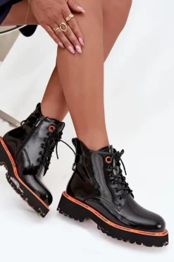 Botki Damskie Z Lakierowanej Skóry Naturalnej Ocieplane Artiker 57C0061 Czarne