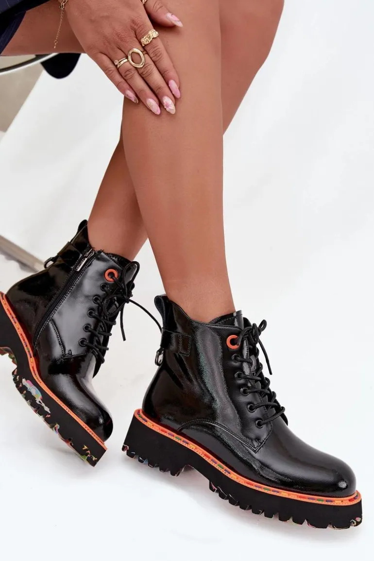 Botki Damskie Z Lakierowanej Skóry Naturalnej Ocieplane Artiker 57C0061 Czarne