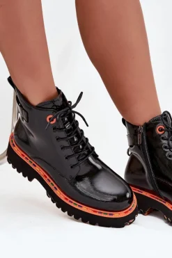 Botki Damskie Z Lakierowanej Skóry Naturalnej Ocieplane Artiker 57C0061 Czarne