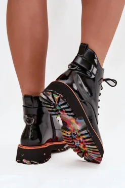 Botki Damskie Z Lakierowanej Skóry Naturalnej Ocieplane Artiker 57C0061 Czarne