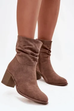 Botki Damskie Z Marszczeniem Na Słupku S.Barski HY52-516 Brązowe