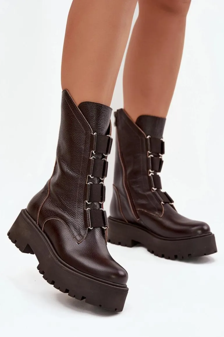 Botki Damskie Z Naturalnej Skóry Na Platformie Zazoo 3795 Czekoladowe