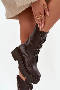 Botki Damskie Z Naturalnej Skóry Na Platformie Zazoo 3795 Czekoladowe