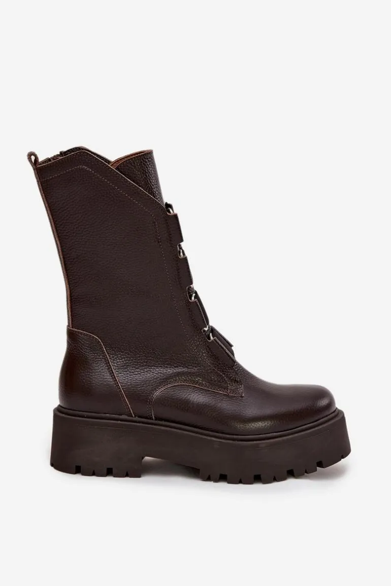 Botki Damskie Z Naturalnej Skóry Na Platformie Zazoo 3795 Czekoladowe